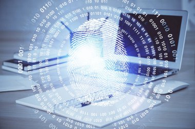 Ofisteki bilgisayarın parmak izi çizimi. Çifte maruziyet. İş veri güvenliği kavramı.