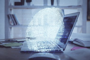Ofisteki bilgisayarın parmak izi çizimi. Çifte maruziyet. İş veri güvenliği kavramı.