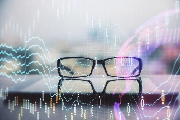 Financial graph hologram with glasses on the table background. Concept of business. Double exposure. — Stock Photo, Image