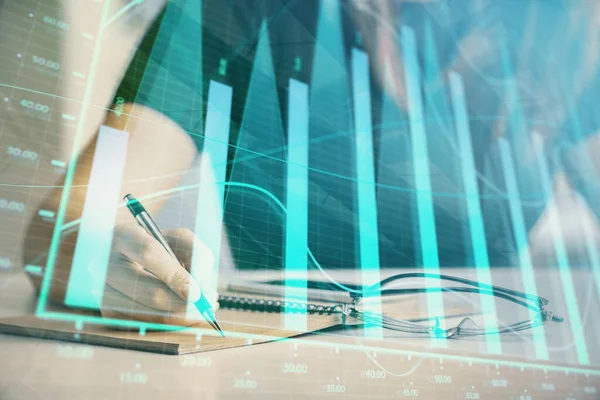 Multi exposure of womans hands making notes with forex graph hologram. Concept of technical analysis. — Stock Photo, Image