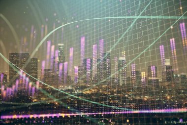 Cityscape arka plan üzerinde forex grafik çizimleri çoklu pozlama. Başarı kavramı.