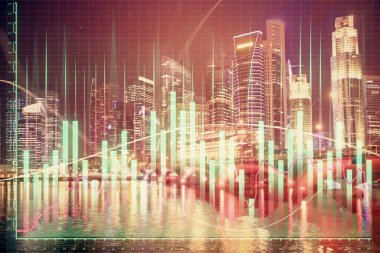 Yüksek binalar arka plan çok pozlama ile şehir scape mali grafik. Analiz kavramı.