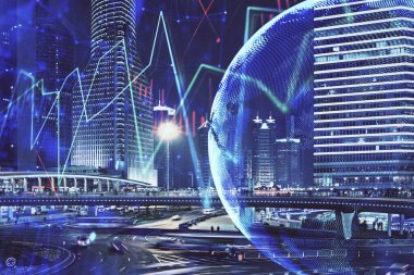 Yüksek binalar arka plan çok pozlama ile şehir scape mali grafik. Analiz kavramı.