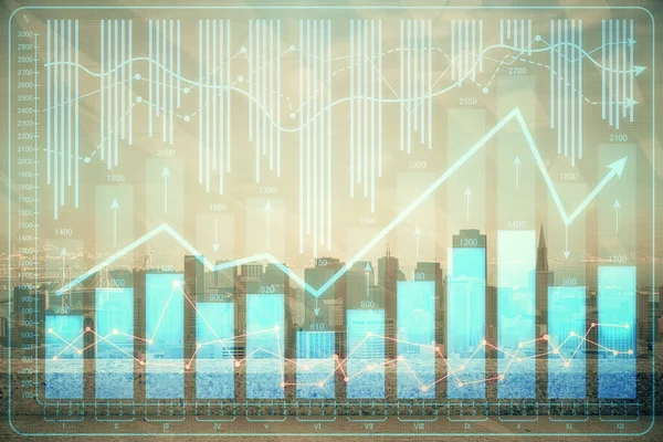 Gráfico Forex na vista da cidade com arranha-céus de fundo multi exposição. Conceito de análise financeira . — Fotografia de Stock