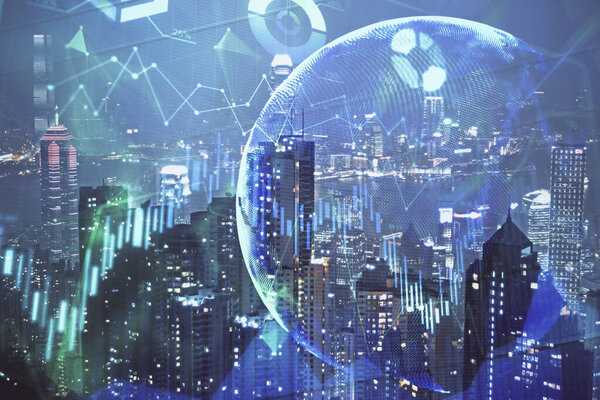 Double exposure of forex chart drawings over cityscape background. Concept of success.