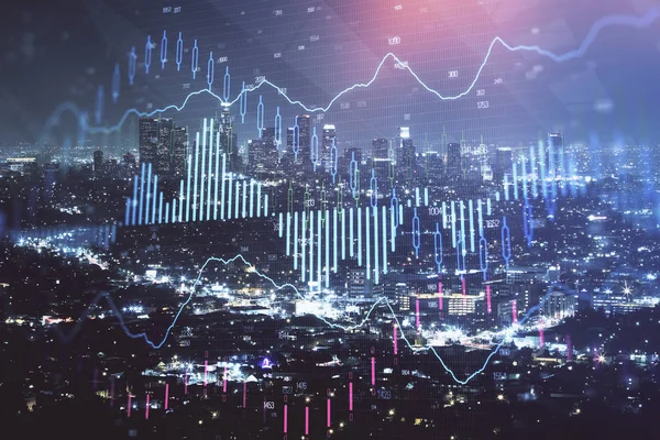 고층 건물 배경 다중 노출와 밤 도시 풍경에 금융 그래프. 분석 개념. — 스톡 사진