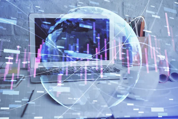 Financial market graph hologram and personal computer on background. Multi exposure. Concept of forex.