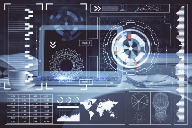 Teknoloji temalı çizim ve bilgisayarlı masa. Çoklu maruz kalma. Bilgi kavramı.