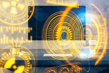 Bilgisayar, teknoloji temalı hologramla birlikte ofiste. Çoklu maruz kalma. Teknoloji kavramı.