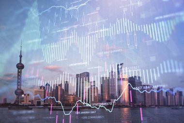 Gökdelenler arka planda çift pozlama ile şehir görünümünde eski grafik. Mali analiz kavramı.