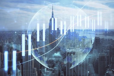 Gökdelenler arka planda çift pozlama ile şehir görünümünde eski grafik. Mali analiz kavramı.