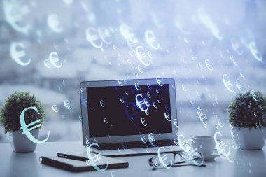 Bilgisayar geçmişi olan eski grafik hologramı. Çoklu maruz kalma. Finans piyasası kavramı.