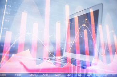 Bilgisayar geçmişi olan eski grafik hologramı. Çifte maruziyet. Finans piyasası kavramı.