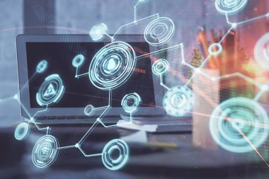 Sosyal ağ hologramıyla birlikte bilgisayar masaüstünde. Çoklu maruz kalma. Uluslararası insan ilişkileri kavramı.