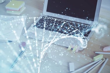 Masaüstü bilgisayar arkaplanı ve DNA çizimi. Çifte maruziyet. Bilim konsepti.