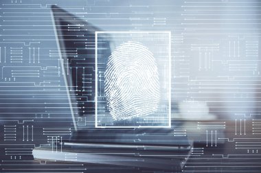 Ofisteki bilgisayarın parmak izi çizimi. Çifte maruziyet. İş veri güvenliği kavramı.