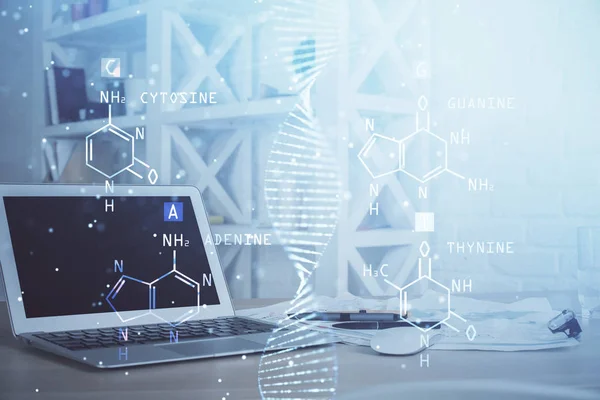 데스크톱 컴퓨터 배경과 DNA 그 리기입니다. 두 번 노출. 과학 개념. — 스톡 사진