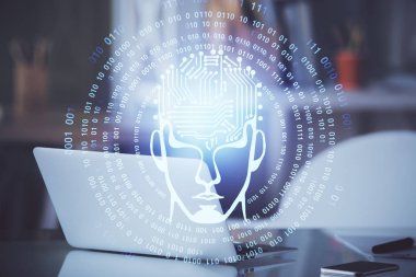 Bilgisayar ve beyin hologramıyla iki kat maruz kalmışlar. Veri yeniliği kavramı.