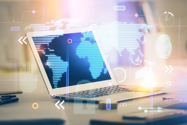 Multi exposure of table with computer and world map hologram. International data network concept. — Stock Photo, Image