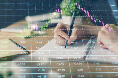 Finansal Forex grafiği el notları arka plan alarak çizilmiş. Araştırma kavramı. Çoklu pozlama
