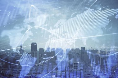 Gökdelenler arka planda çoklu pozlama ile şehir görünümünde eski grafik. Mali analiz kavramı.