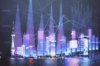 Yüksek binalar arka plan çift pozlama ile gece şehir scape mali grafik. Analiz kavramı.