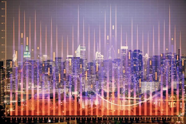도시 경관 배경에 외환 차트 도면의 이중 노출. 성공의 개념. — 스톡 사진