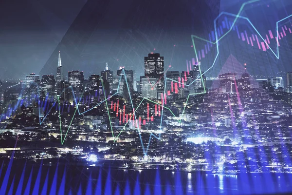 Financial graph on night city scape with tall buildings background double exposure. Analysis concept.