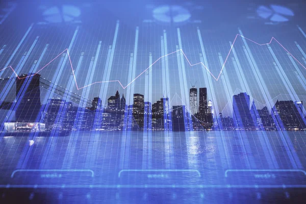 Financial graph on night city scape with tall buildings background double exposure. Analysis concept.