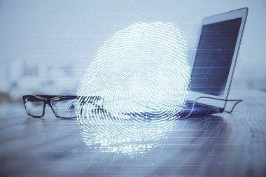 Ofisteki bilgisayarın parmak izi çizimi. Çifte maruziyet. İş veri güvenliği kavramı.