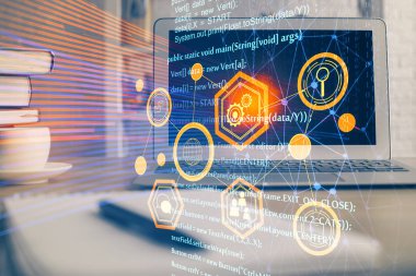 Bilgisayarın arka plan ve teknoloji temalı çizimlerine çoklu maruz kalma. Yenilik kavramı.