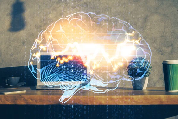 Podwójna ekspozycja stołu roboczego z komputerowym i mózgowym szkicem hologramu. Koncepcja burzy mózgów. — Zdjęcie stockowe