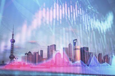 Gökdelenler arka planda çift pozlama ile şehir görünümünde eski grafik. Mali analiz kavramı.