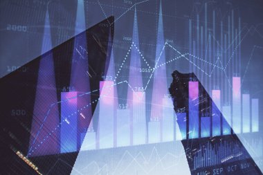 Yüksek binaların arka planında çoklu pozlama olan eski şehir haritası. Finansal araştırma kavramı.