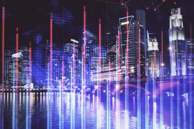 Yüksek binalar arka plan çok pozlama ile şehir scape mali grafik. Analiz kavramı.