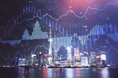 Financial graph on night city scape with tall buildings background multi exposure. Analysis concept. clipart