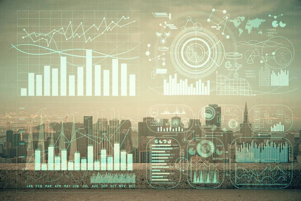 Graphique Forex sur la vue sur la ville avec gratte-ciel arrière-plan multi exposition. Concept d'analyse financière. — Photo