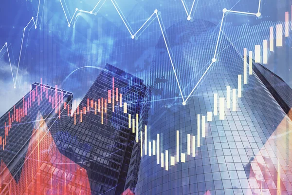 Devisendiagramm auf Stadtbild mit Wolkenkratzern Tapete Multi-Exposure. Finanzielles Forschungskonzept. — Stockfoto