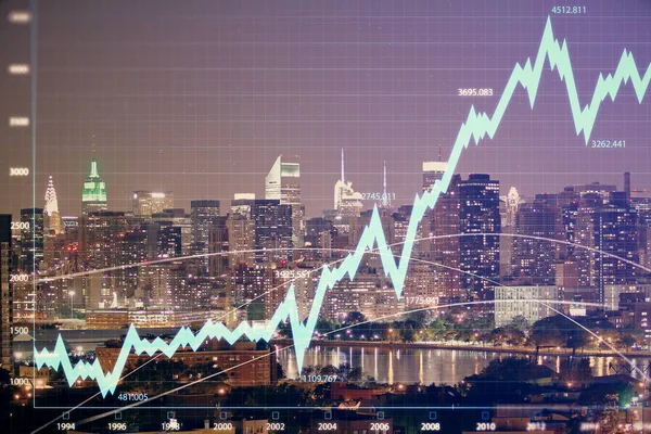 Double exposure of forex chart drawings over cityscape background. Concept of success. — Stock Photo, Image