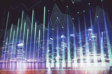 Yüksek binalar arka plan çok pozlama ile şehir scape mali grafik. Analiz kavramı.