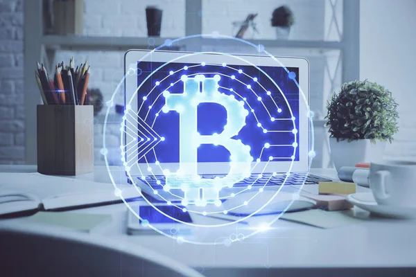 Multi exposure of blockchain and crypto economy theme hologram and table with computer background. Concept of bitcoin cryptocurrency. — Stock Photo, Image