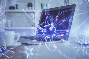 Masaüstü bilgisayar arkaplanı ve nöron çizimi. Çifte maruziyet. Eğitim kavramı.