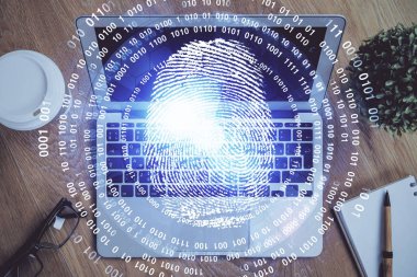 Ofisteki bilgisayarın parmak izi çizimi. Çifte maruziyet. İş veri güvenliği kavramı.