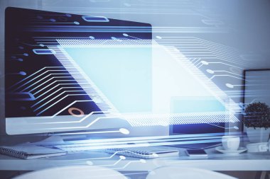 Teknoloji temalı çizim ve bilgisayarla çalışma alanı. Çoklu maruz kalma. Yenilik kavramı.