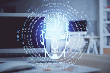 Bilgisayar ve beyin hologramıyla iki kat maruz kalmışlar. Veri yeniliği kavramı.