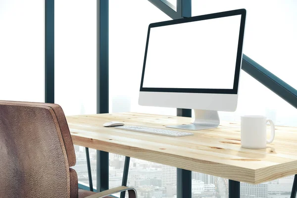 Concrete office interior with empty computer screen