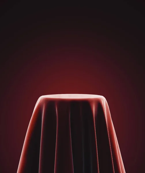 Presentatie voetstuk bedekt met rode zijden doek — Stockfoto