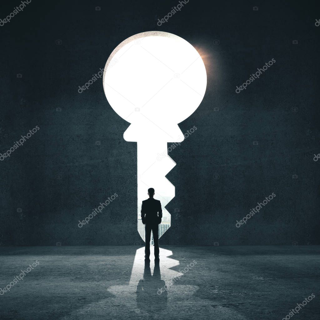 Businessman looking on door in form key