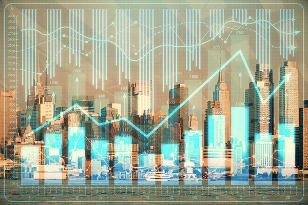 Forex graph on city view with skyscrapers background double exposure. Financial analysis concept. — Stock Photo, Image