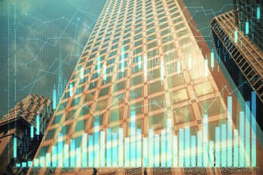 Yüksek binaların arka planında çoklu pozlama olan eski şehir haritası. Finansal araştırma kavramı.